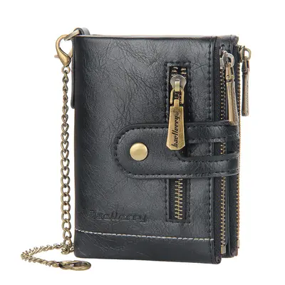 Men's short wallet, large capacity, double zipper, multi-card slots, anti-lost chain - 8