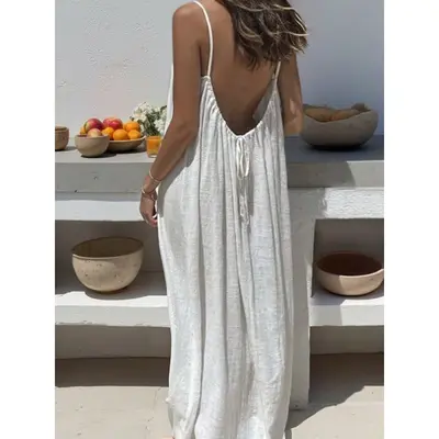 Women's Solid Color Backless Spaghetti Strap Home Dress