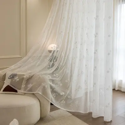 Modern Minimalist Leaf Embroidered Sheer Curtain, Ready-Made Window Curtain - 8
