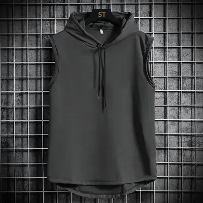 Men's Hooded Sleeveless Vest, Loose Fit, Solid Color Sports Top - 9