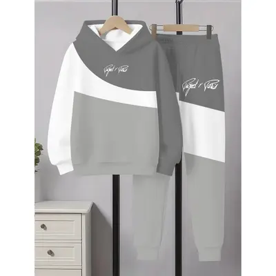 Boys' Hooded Sweatshirt Set, Spring Autumn Printed Two-Piece Casual Kidswear - 12