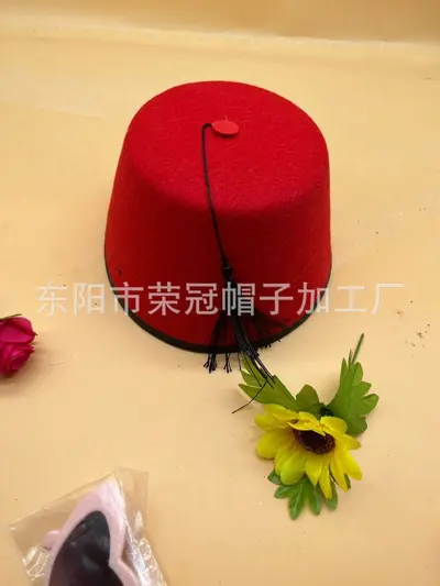 Red Turkish Hat with Flat Top and Hanging Tassel, Non-Woven - 7