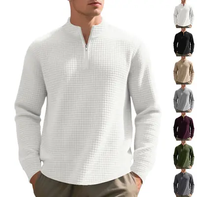 Cross-border independent station autumn and winter American plain everyday men's loose jacquard stand collar half-zip inner shirt sweatshirt for men