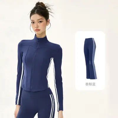 Yoga Set with Short Jacket, Strap Top and Flared Pants - 9