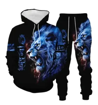 Men's Animal Print Hooded Sweatshirt Set, Spring Autumn, European Style - 8