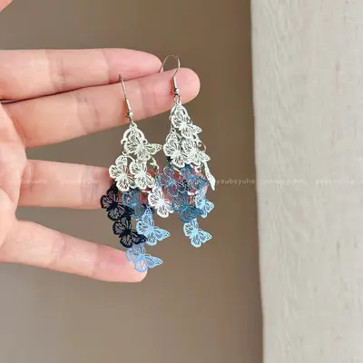 Luxury hollow butterfly tassel earrings, crystal-studded - 3