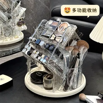 高档精致桌面高级感透明防尘口红收纳架化妆品收纳盒旋转首饰挂架