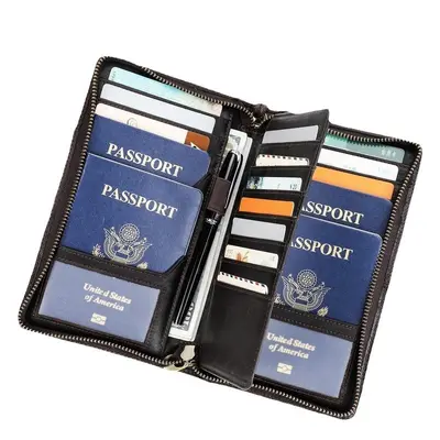 Siyah Melek RFID anti-manyetik seyahat aile pasaportu kozmetik çantası çok fonksiyonlu fermuarlı bilek kayışı ile hakiki deri pasaport çantası