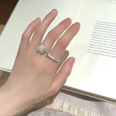 S925 sterling silver brushed flower open ring for women - 5