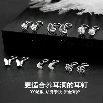 s999纯银弯钩耳钉女蝴蝶耳环夏款小众耳骨钉足银耳饰品厂家批发