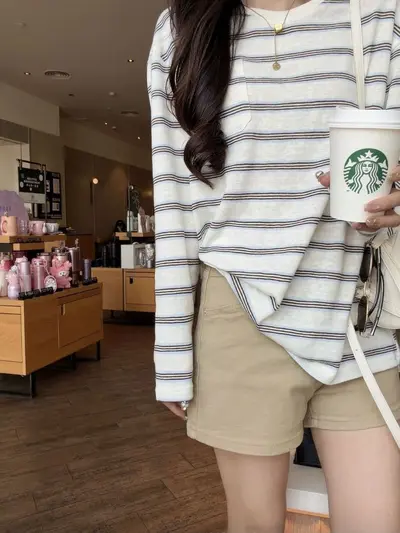 Korean Style Striped Long Sleeve Women's T-Shirt Loose Fit