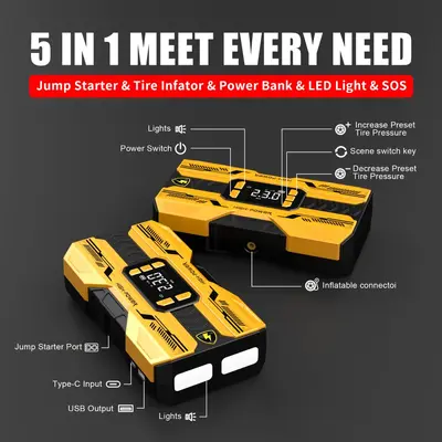 Трансграничное автомобильное аварийное пусковое устройство Power Bank 12V 3-в-1 портативный автомобильный стартер с пусковыми проводами, воздушным компрессором и подсветкой