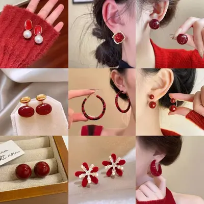 Kırmızı damla sırı inci küpe, vintage tasarım - 1