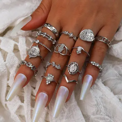 Vintage Gold Coin Hand of Fatima Ring Set, 15 Pieces