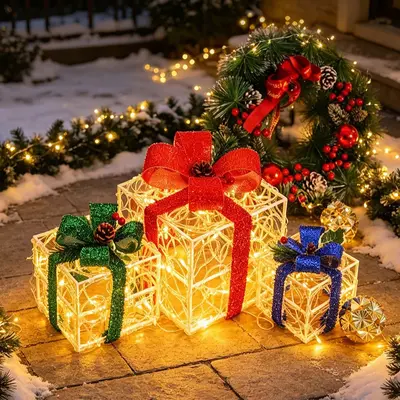 LED Christmas Foldable Acrylic Gift Box Set, 3-Piece Light-Up