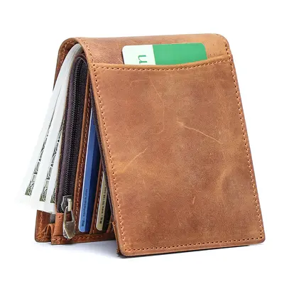 Cross-border wholesale new top-layer cowhide short wallet, can be used as RFID money clip, crazy horse leather multi-card slot men's card holder