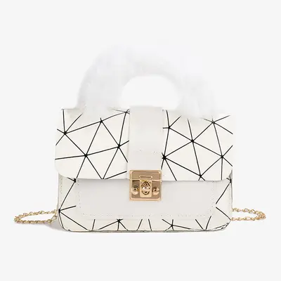 Women's Chain Handbag, Geometric Print Plush, Small Square Design - 7