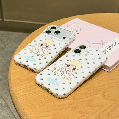 Japanese-style blue polka dot autumn cute double layer case, compatible iPhone 16-18 Pro M