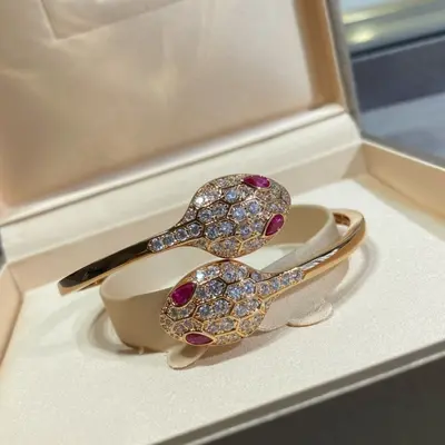 V-Gold Plated Open Snake Bangle, Full Rhinestones, Green and Blue Eyes