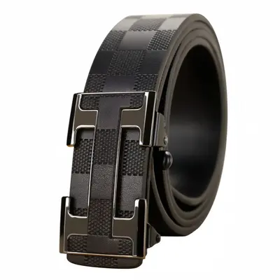 New Men's Leather Belt Business Waist Belt Checkered Pattern Toothless Automatic Buckle Casual Versatile Waist Belt - 8