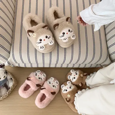 Sevimli kedi peluş kadın terlik, kış, yumuşak taban
