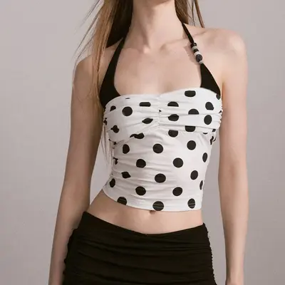 Halter Yoga Oberteil, Polka-Dot, Perlenbesatz, hochelastisch