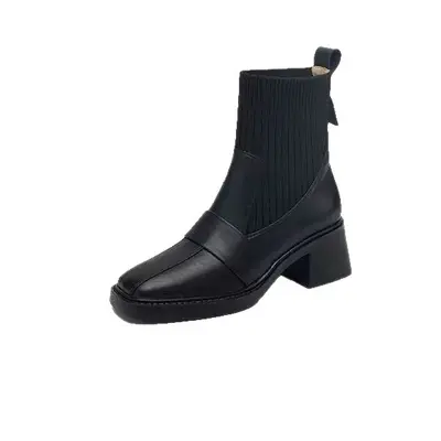 Women's Chunky Heel Knit Ankle Boots, Stretch Sock Style, Martin Boots