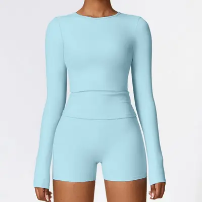 Women's Autumn Winter Long-Sleeve Yoga Set, Brushed Crew Neck Pilates Wear - 13