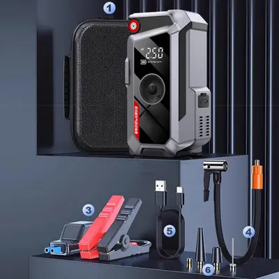 12V Car Jump Starter with Built-In Air Compressor Pump, Portable Emergency Battery Booster