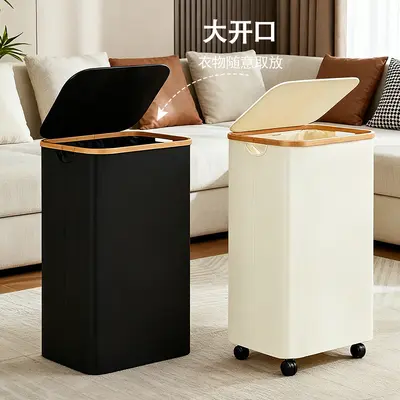 Cross-border Foldable Oxford Cloth Laundry Basket with Bamboo Frame, Lid and Dust Protection, Storage Home Movable Laundry Hamper