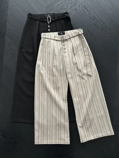 Striped Wide-Leg Trousers, American Retro Snap-Button, Old Money Style
