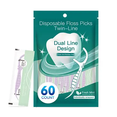 Mint-flavored dental floss picks, 60 pieces, dual-thread, individually packed - 8