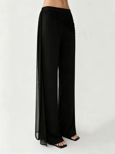 Women's Black Ribbon Detail Micro Flare Pants, Casual Slim Fit
