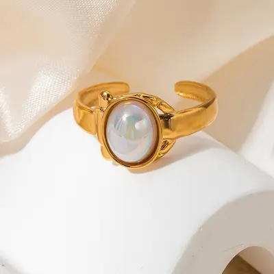 French Style Titanium Steel Women's Ring with Natural Stone, Adjustable - 13
