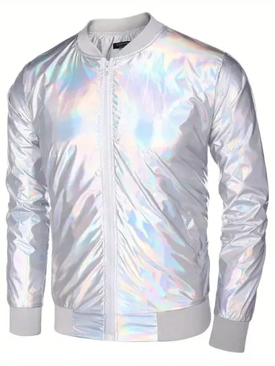 Men's Glossy Metallic Zip-Up Jacket, 70s Disco Style - 8