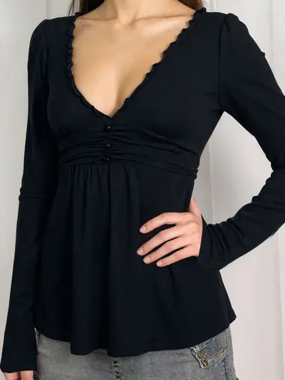 Damen Langarmshirt mit V-Ausschnitt, Rüschen, A-Linie, einfarbig