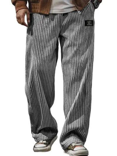 Erkek Retro Kadife Nakışlı Düz Paça Rahat Pantolon, Bol Kesim - 7