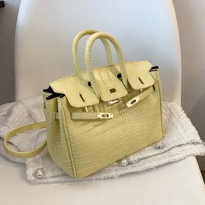 Crocodile Pattern Women's Kelly Handbag, Large Structured Bag - 4