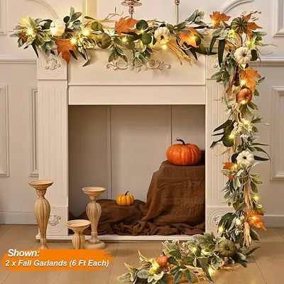 Autumn Thanksgiving Wreath with Pumpkin, Eucalyptus and Acorn Leaves, Rattan Decoration