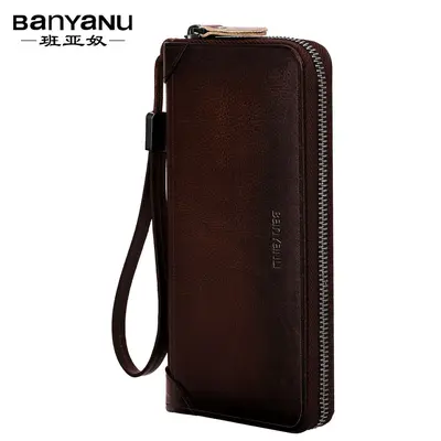 Banyanu Men's Long Zipper Wallet, Large Capacity, Genuine Leather - 10
