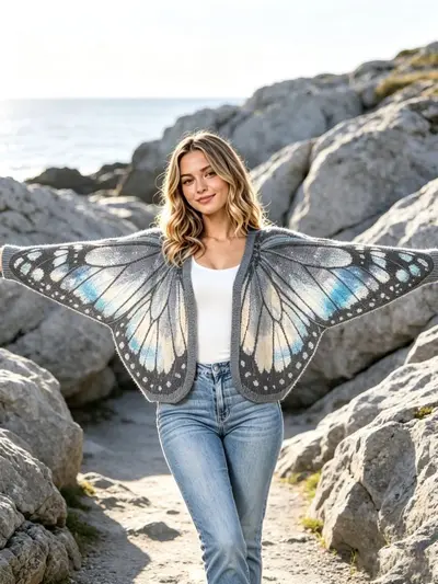 Damen-Strickjacke im Pulloverlook mit Schmetterlingsflügel-Print - 7