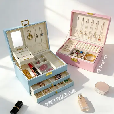 Lightweight luxury leather women's ring box, portable jewelry box, multi-layer travel storage box for earrings and necklaces, gift item. - 5