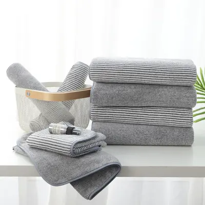 Antibacterial Coral Velvet Bamboo Charcoal Fiber Bath Towel Three-Piece Combination Set Striped European and American Beach Towel Absorbent and Thickened Wholesale - 4