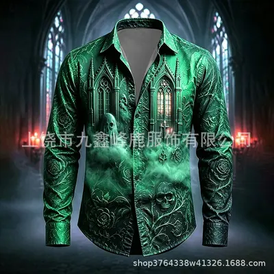 2026 Halloween Castle Crow Retro Design Long Sleeve Men's Shirt - 13