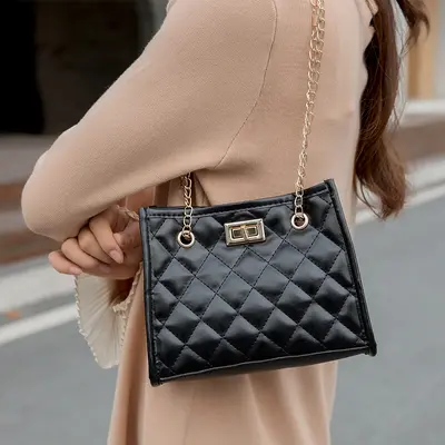 Embroidered Chain Small Women's Shoulder Bag, Diamond Pattern - 4