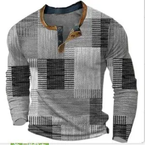Herren Henley-Shirt, bedruckt, langarm, mit Knöpfen