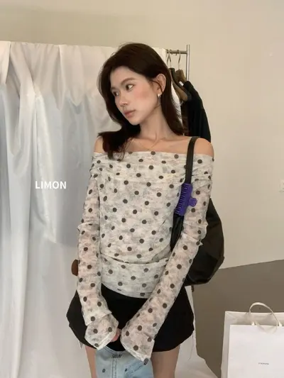 Women's Polka Dot Off-Shoulder Long-Sleeve Top, Slim Fit, 11273