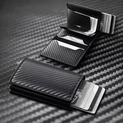 Sınır ötesi yeni erkek cüzdanı ultra ince karbon fiber RFID kart tutucu otomatik kart çıkarma alüminyum alaşımlı kart tutucu cüzdan
