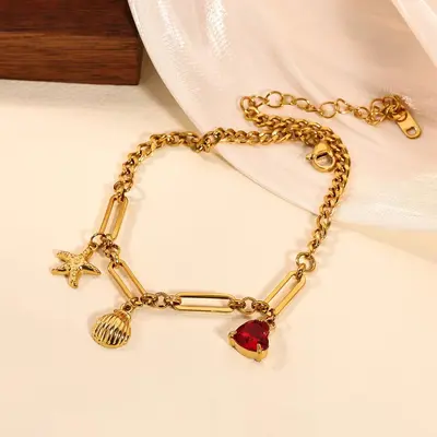 Ocean Series Starfish Heart 18K Gold Plated Stainless Steel Anklet