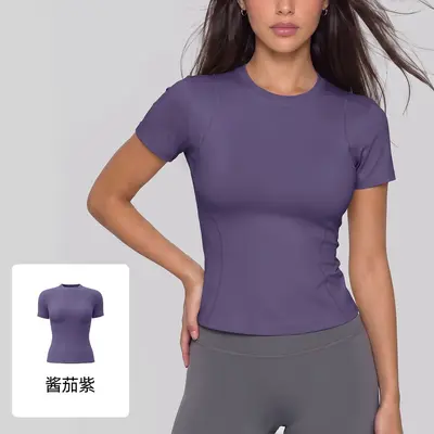 Juyitang Peach Basic Fitness Short Sleeve Breathable Tight Sports Top Women's Running Training Yoga T-Shirt - 12